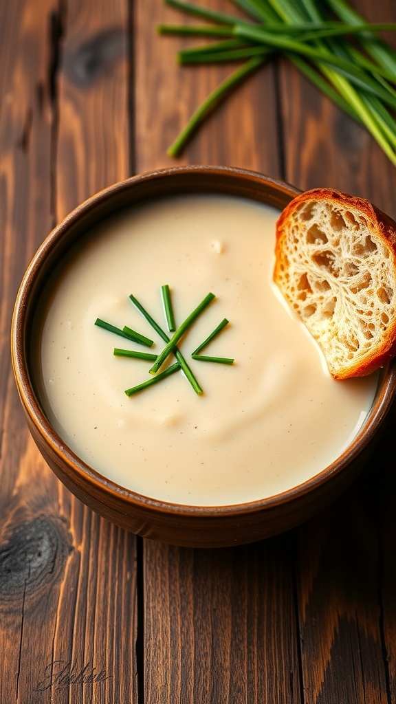 Creamy Cauliflower Soup Recipe A bowl of creamy cauliflower soup with chives and crusty bread on a rustic table.